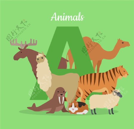 绿色背景上的卡通小动物和字母