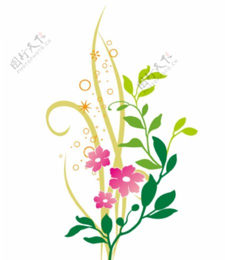 插画开着粉色花朵的绿色植物