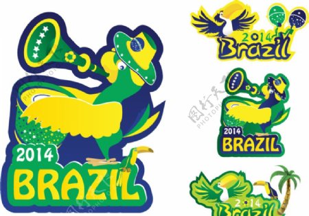 巴西世界杯鹦鹉与大嘴鸟标贴矢量