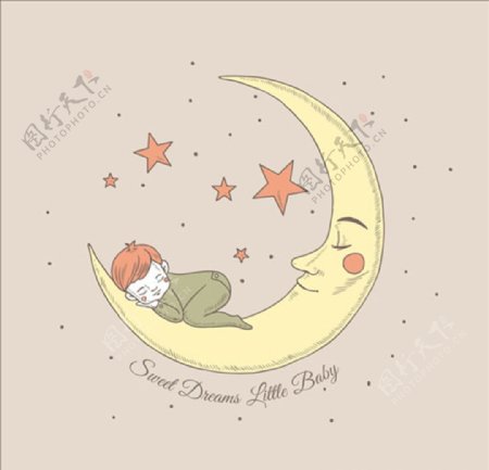 卡通睡在月亮上的孩子婴儿童宝宝