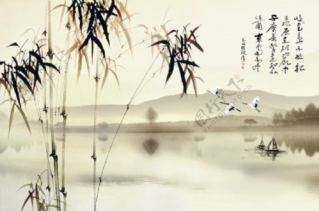 中式国画竹子仙鹤影视背景墙