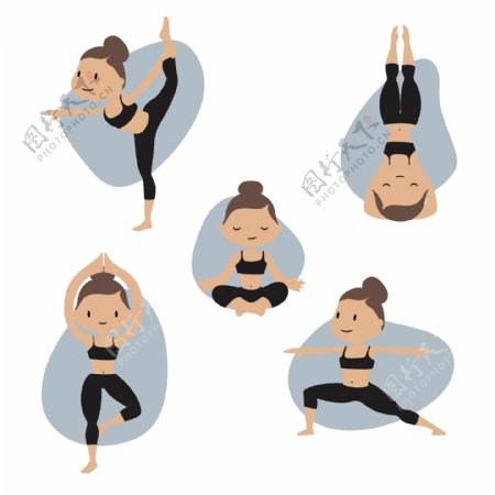 五款卡通女子瑜伽动作元素