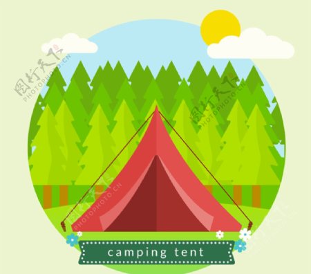 绿色郊外中的红色帐篷矢量素材