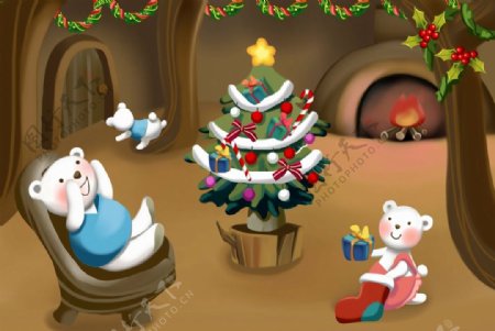 卡通圣诞树小熊素材背景