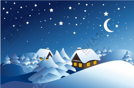 冬季雪松月温馨小屋矢量图
