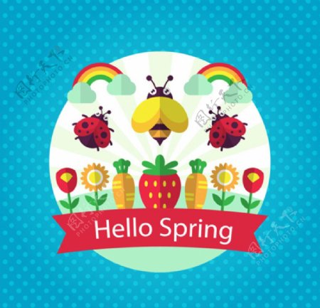 卡通春季彩虹蜜蜂花卉海报