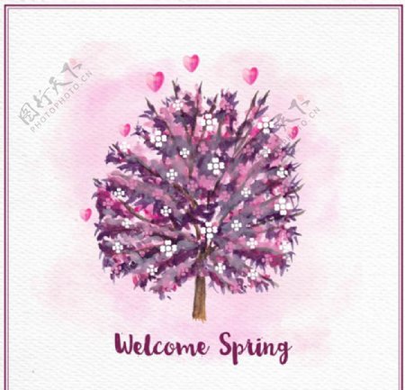 手绘水彩春季爱心樱花树