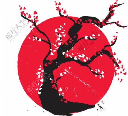 日式拓印春季花树插图