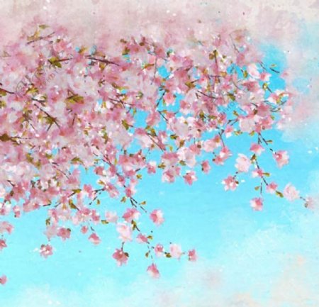 水彩春季蓝天下的樱花
