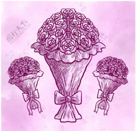 紫色线稿春季玫瑰花束