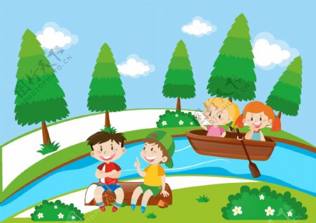 卡通儿童节在河边的孩子