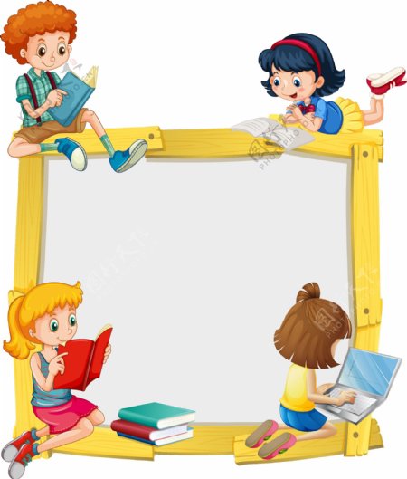 卡通儿童节看书的孩子框架