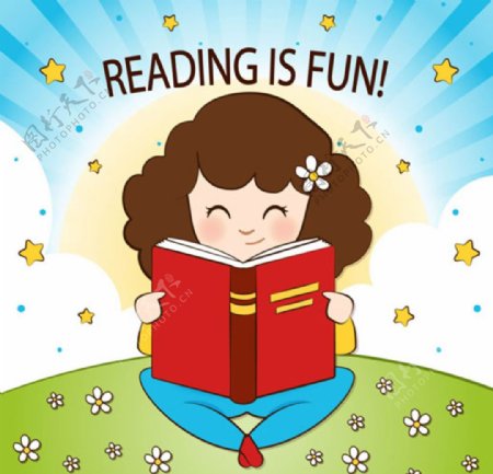 卡通儿童节在草地上看书的女孩