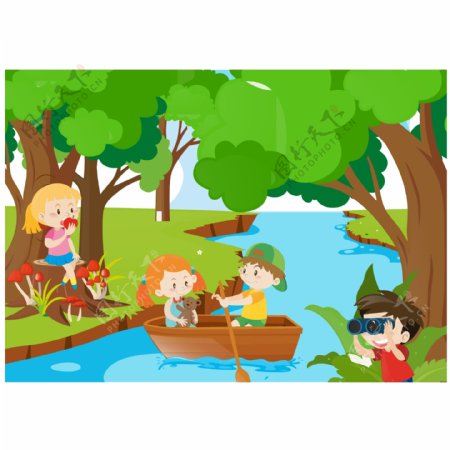 卡通儿童节在森林玩耍的孩子
