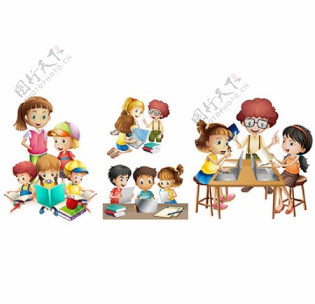 卡通儿童节在一起学习的孩子