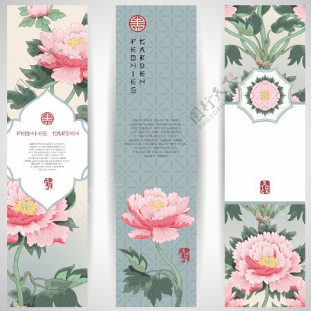 中国风牡丹花长条包装背景