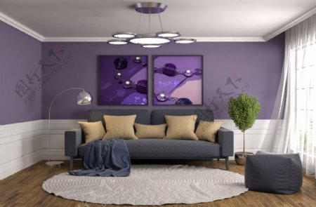 紫色奢华复古客厅效果图图片