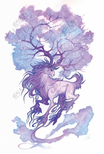 手绘紫色马和树png元素