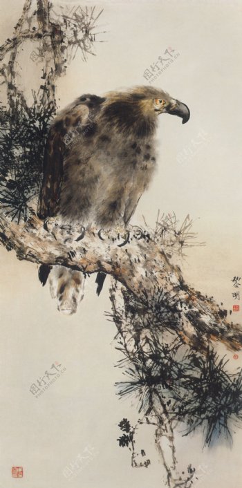 水墨松树与飞鸟图片