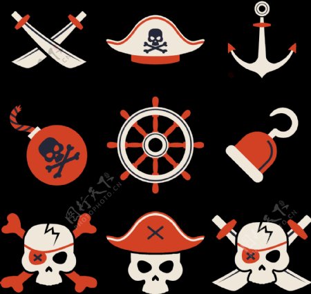 各种红色海盗元素图免抠png透明图层素材