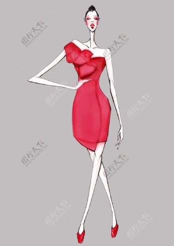 红色单肩连衣裙设计图