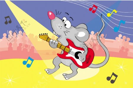 弹吉他的老鼠插画风景背景矢量素材
