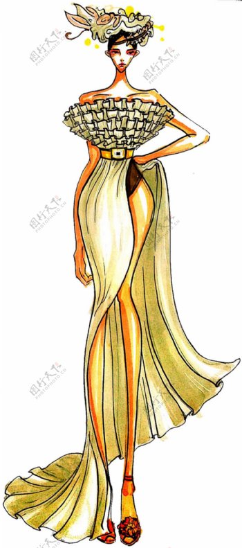 黄色时尚开叉长裙设计图
