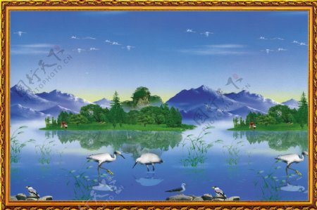湖水风景中堂画图片
