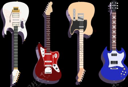 四个手绘彩色吉他插图免抠png透明素材