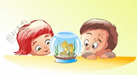 看鱼缸的卡通儿童