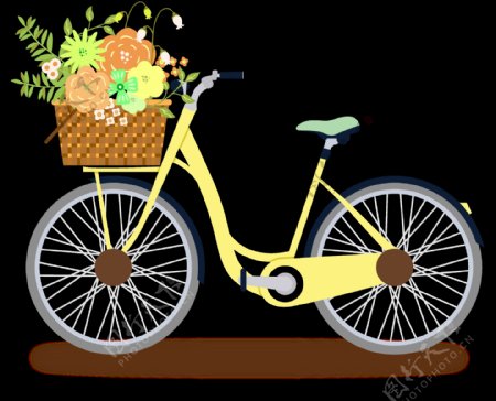 花篮黄色自行车插画免抠png透明图层素材