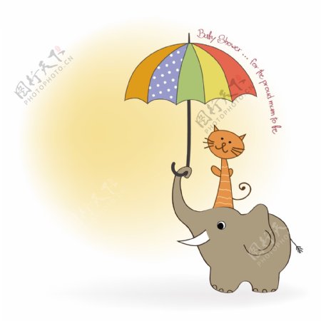 手绘大象小猫雨伞插图背景
