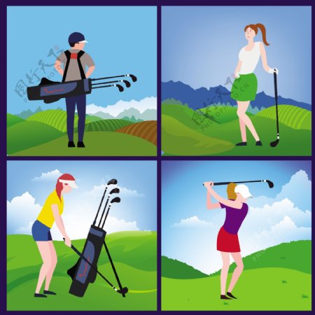 高尔夫球手的图标隔离五彩卡通设计各种手势