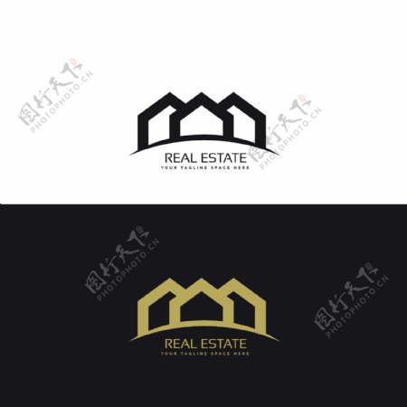 黑色和金色的房地产标志与三个房子