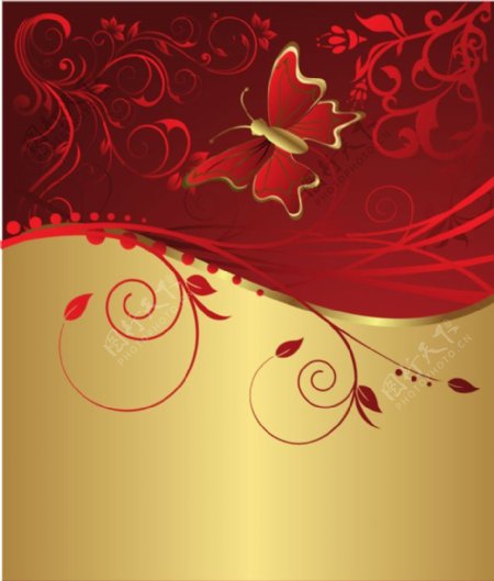 绚丽蝴蝶艺术金色红色背景素材