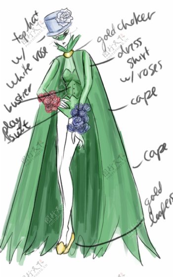绿色披风女装设计图