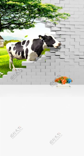 大树奶牛与断壁等影楼摄影背景图片