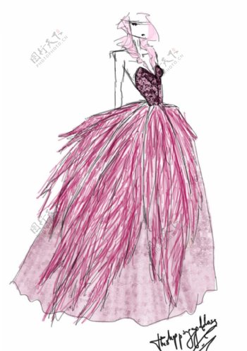 粉色飘带长裙设计图