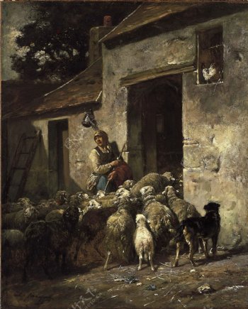 进门的羊群和牧羊人油画图片