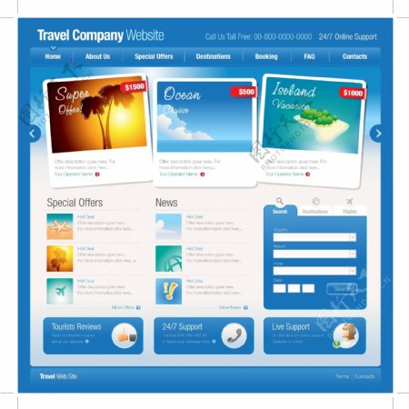 蓝色风格旅游网站模板矢量素材下载