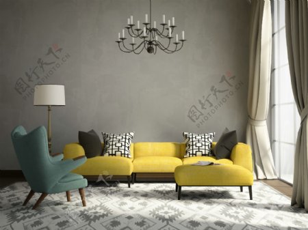 典雅客厅里的黄色沙发图片