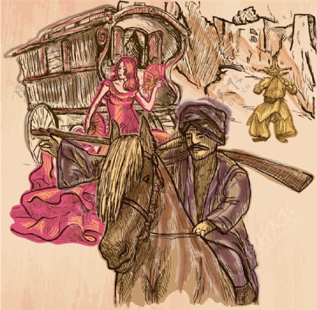 手绘男人与马车上的女人图片