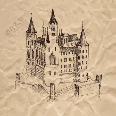 城堡褶皱纸张手绘速写欧洲建筑矢量