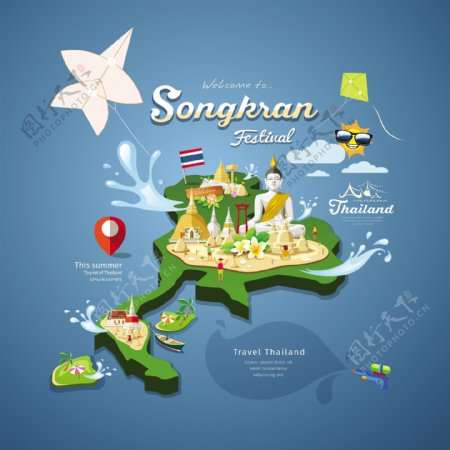 立体地图泰国旅游场景海报r元素矢量素材