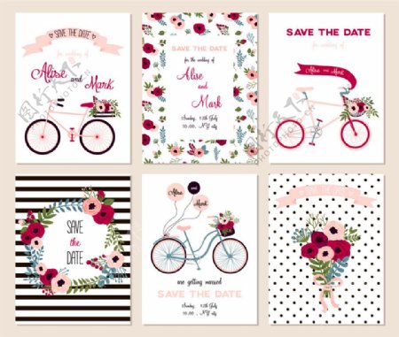 玫瑰花自行车婚礼卡片图片