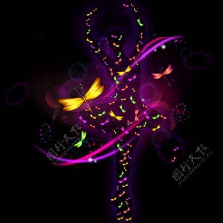 彩色蝴蝶舞蹈的女孩光圈光线高光背景素材
