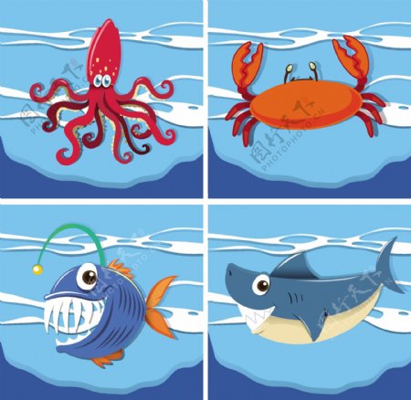 4款卡通海洋生物矢量素材