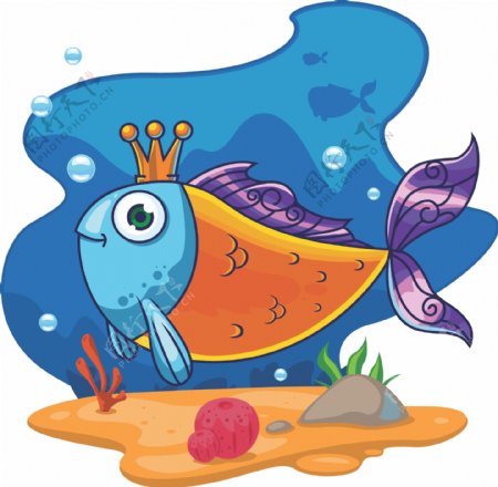 插画戴皇冠的鱼