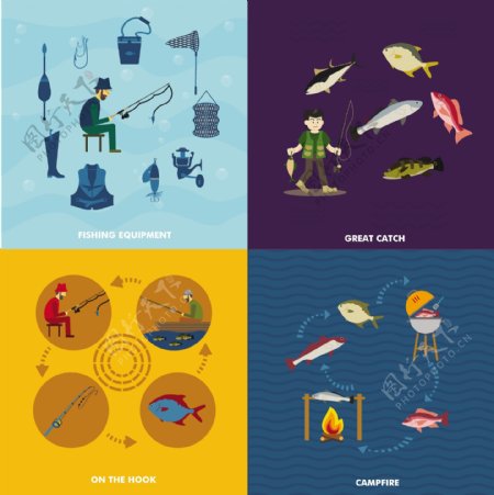 钓鱼概念向量插图与各种活动自由向量