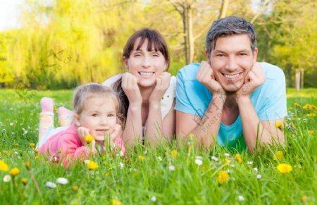 趴在草地上开心的一家人图片